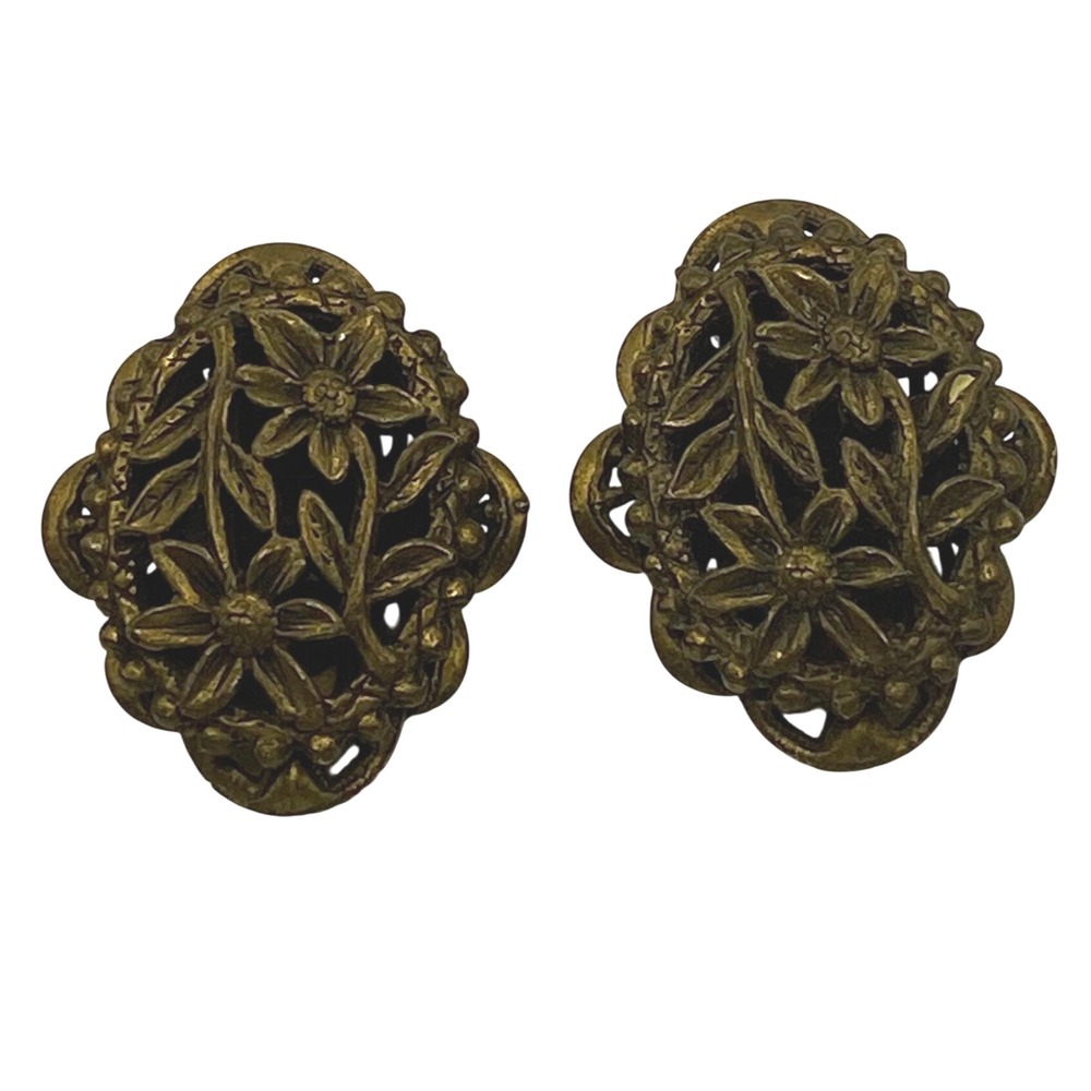 Vintage Brass Floral Filigree Clip On‎ Earrings Retro Statement Costume Jewelry